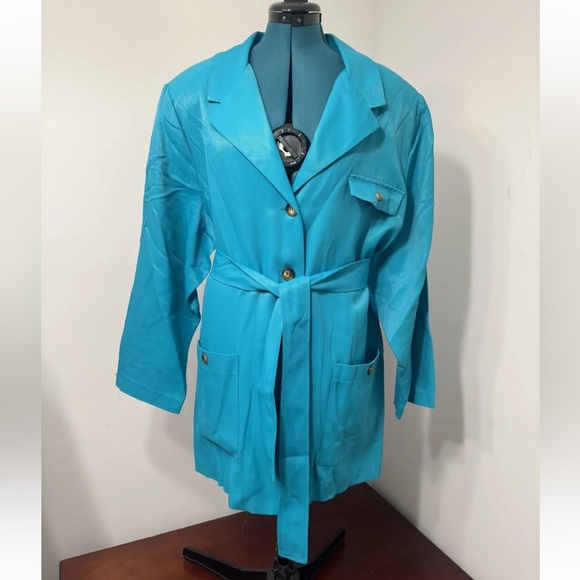 Vintage Delmar Apparel Plus Teal Unlined Pockets Belted Trench Coat Size B6 - Picture 1 of 7